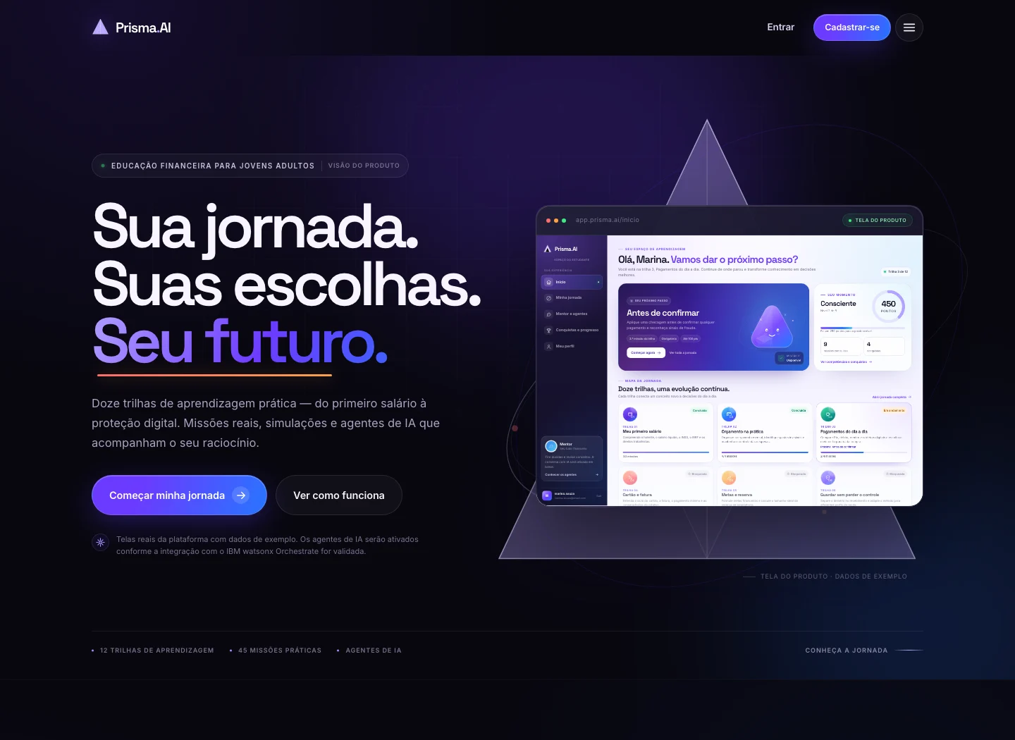 Landing page do Prisma.AI com a frase Sua jornada. Suas escolhas. Seu futuro.